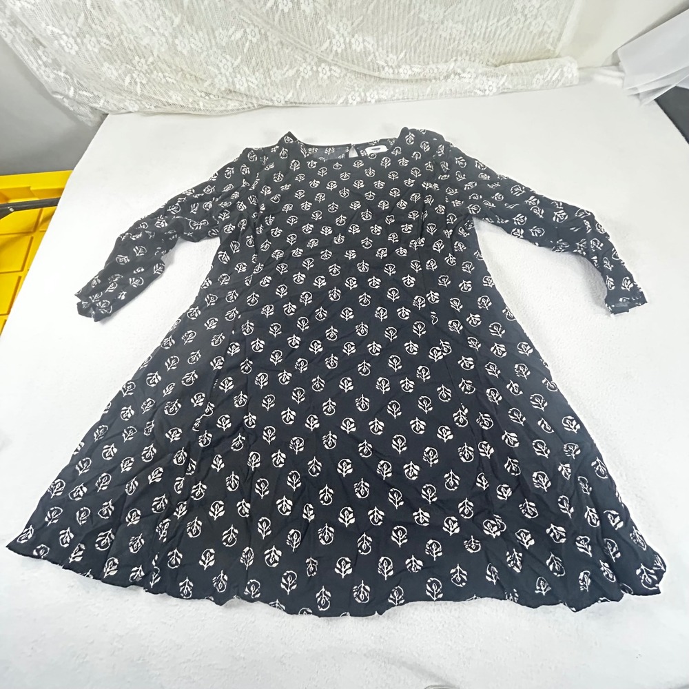 Old Navy Black White Floral Print Long Sleeve‎ A-Line Dress Women's Size Medium